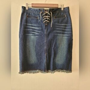 Vintage Y2K Route 66 Tie Up Distressed Raw Hem Knee Length Denim Pencil Skirt 10